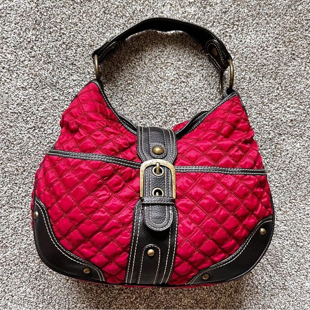Y2K Red Quilt Hobo Bag Vintage Old Navy Shoulder Purse Grunge Goth Cyber Buckle